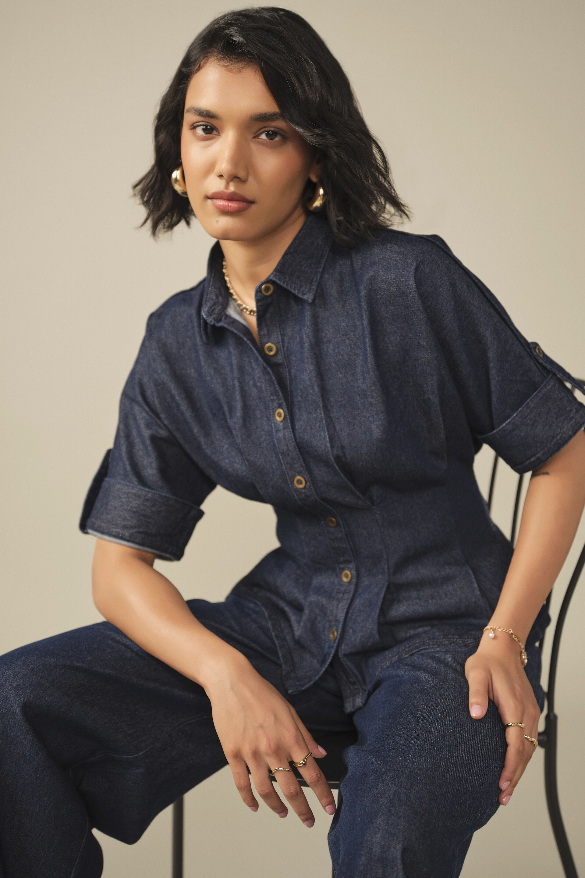 Roll-Up Sleeves Top in Denim Blue